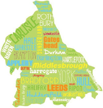 Illustrated graphic of the north of England showing all the locations covered by Northern Gas Networks