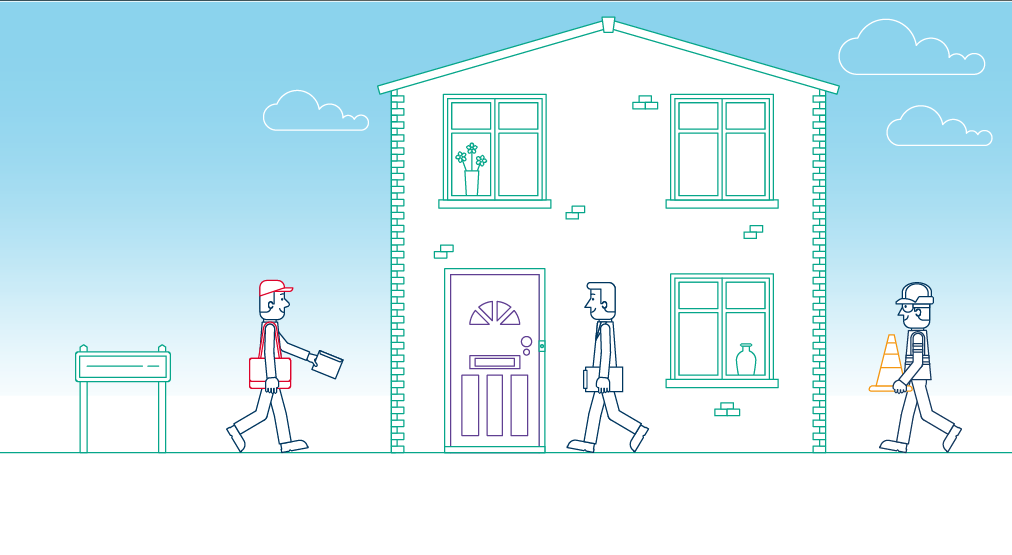 Illustration of people - a postal worker, a person with a clipboard and a workman - walking near a two-story house