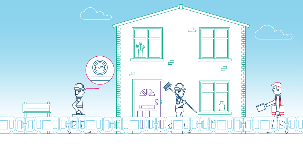 Illustration of a two-story house with work fencing surrounding it. A workman is walking towards the house on the left of the illustration with an image of a dial in a circle around his head. Another workman with a broom is walking away from the house to the right of the illustration and a postal worker is walking towards the house from the right of the illustration.