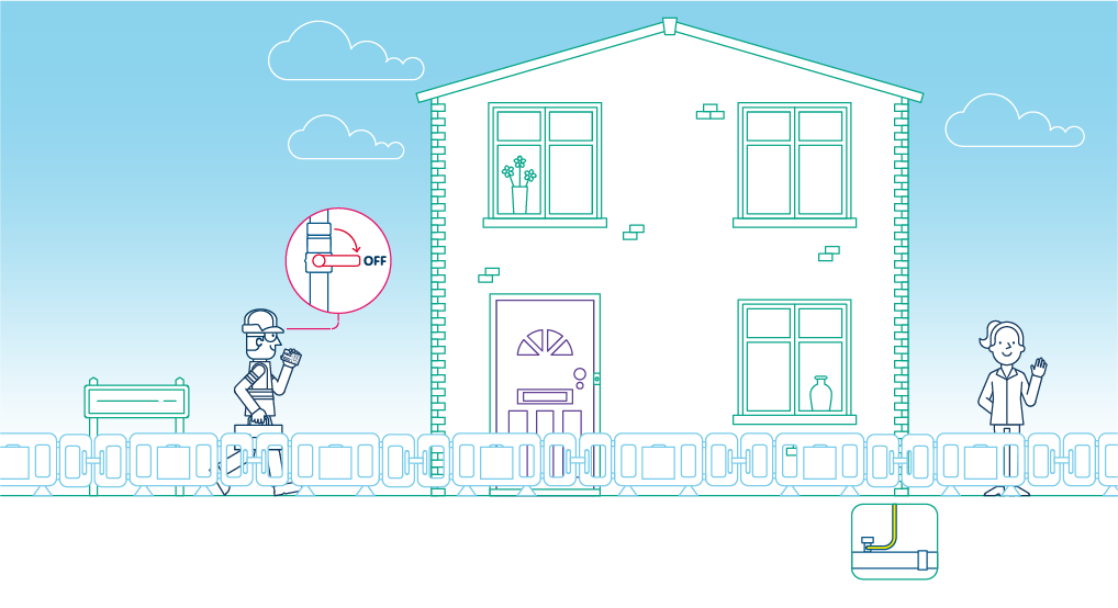 Illustration of a two-story house surrounded by work panels. A switch attached to a pipe is indicated as being in the 'Off' position and a pipe is running into the group. A friendly lady appears on the right of the image, facing forwards and waving.