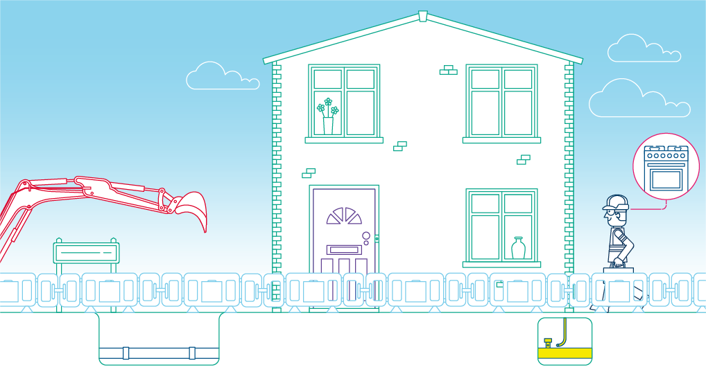 Illustration of a two-story house surrounded by work fencing. A digger is positioned to the left of the illustration digging into the ground and a workman is walking towards the house on the right of the illustration, with an image of a cooker in a circle around his head.