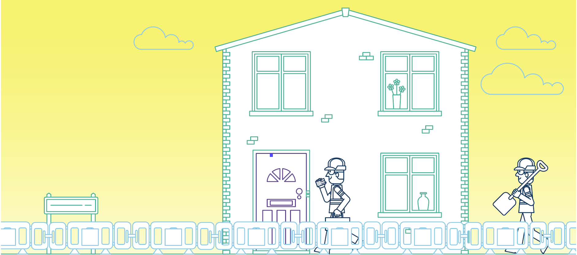 Illustration showing house with Northern Gas workman stood outside front door, Northern Gas workman on right hand side holding spade, and barriers alongside the whole image