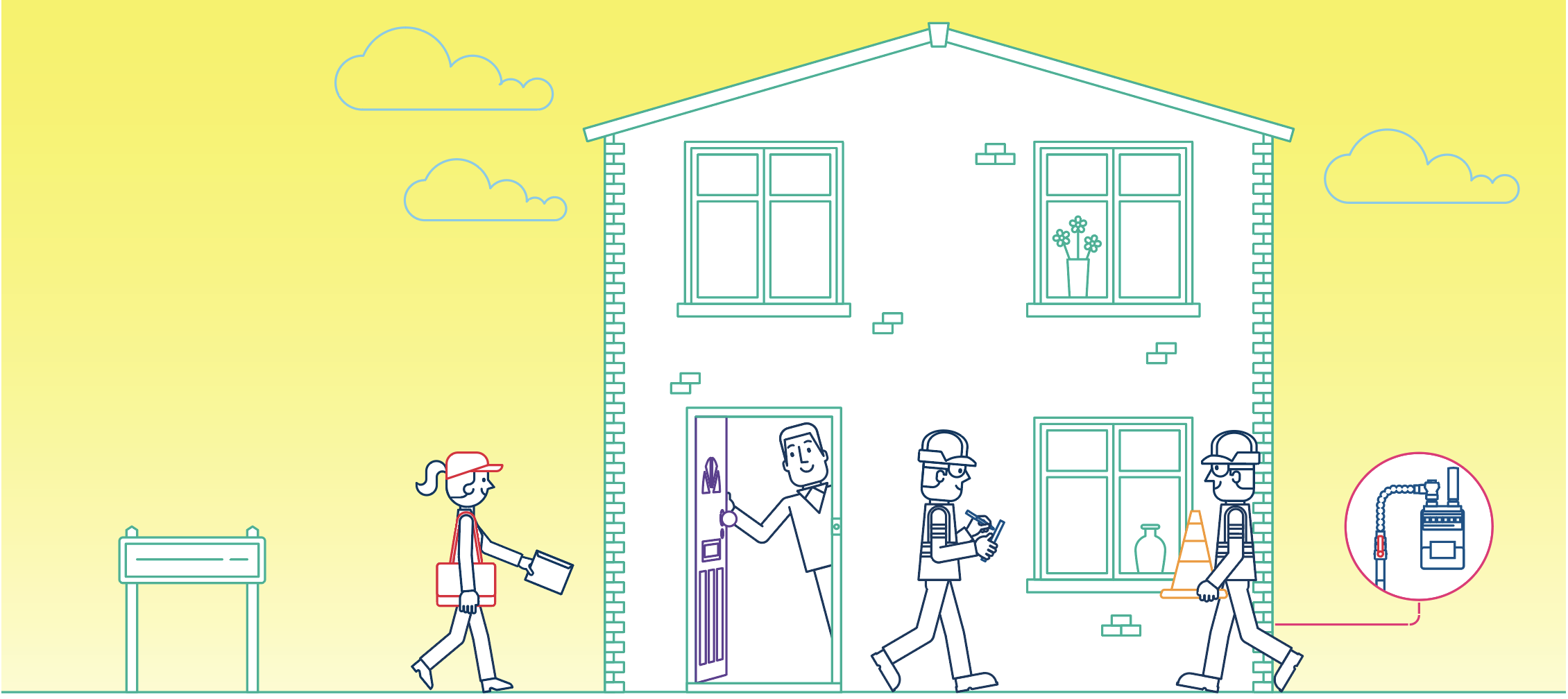 Illustration of house with postwoman delivering a letter on the left hand side, man opening the front door of house, Northern Gas workman writing on a notepad outside the house, and Northern Gas workman on left hand side holding cone.