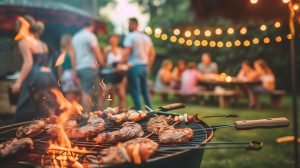 Image of BBQ cooking meet and people in garden enjoying outdoor living.